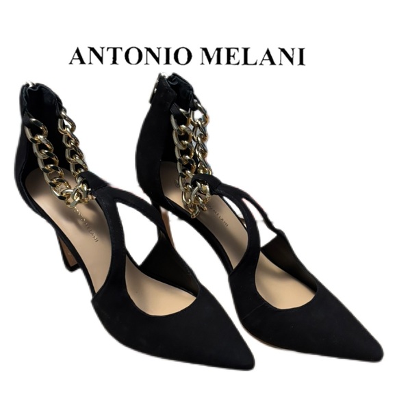 Antonio Melani Tiaa Black Suede Gold Chain Ankle Pumps Heels Size 8.5 - Picture 4 of 9